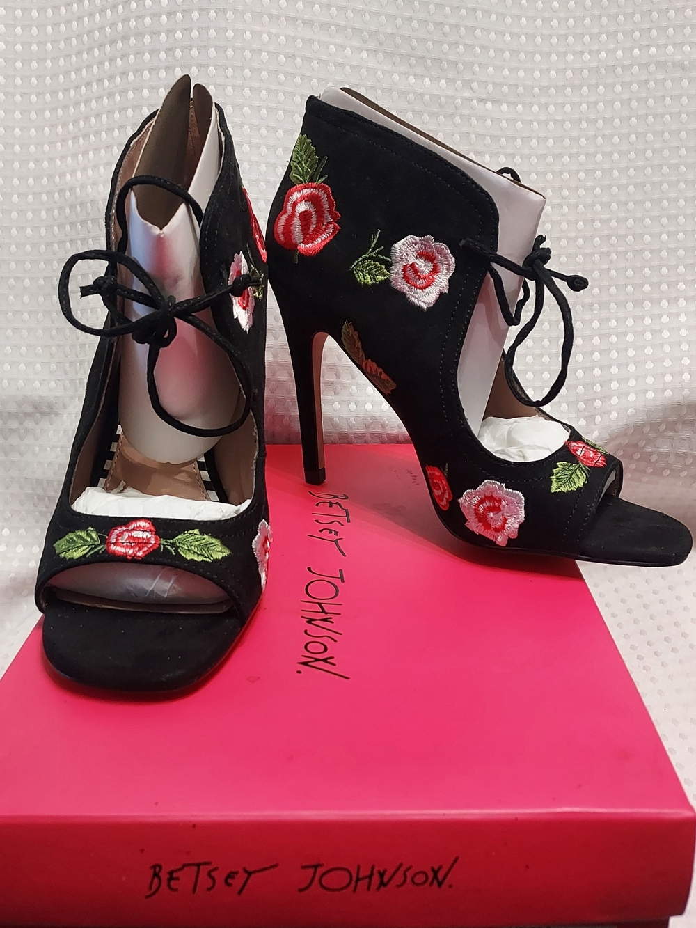 Betsey Johnson Black Embroidered Rose Lace-Up Peep-Toe Heels